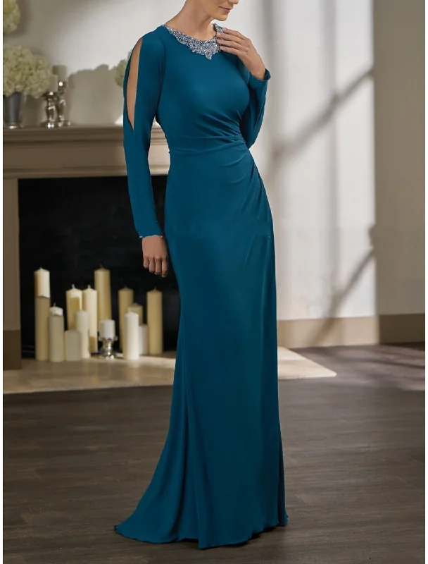 Stylish Spring Fashion Sheath / Column Mother of the Bride Dress Party Elegant Jewel Neck Sweep / Brush Train Stretch Chiffon Long Sleeve with Beading Ruching