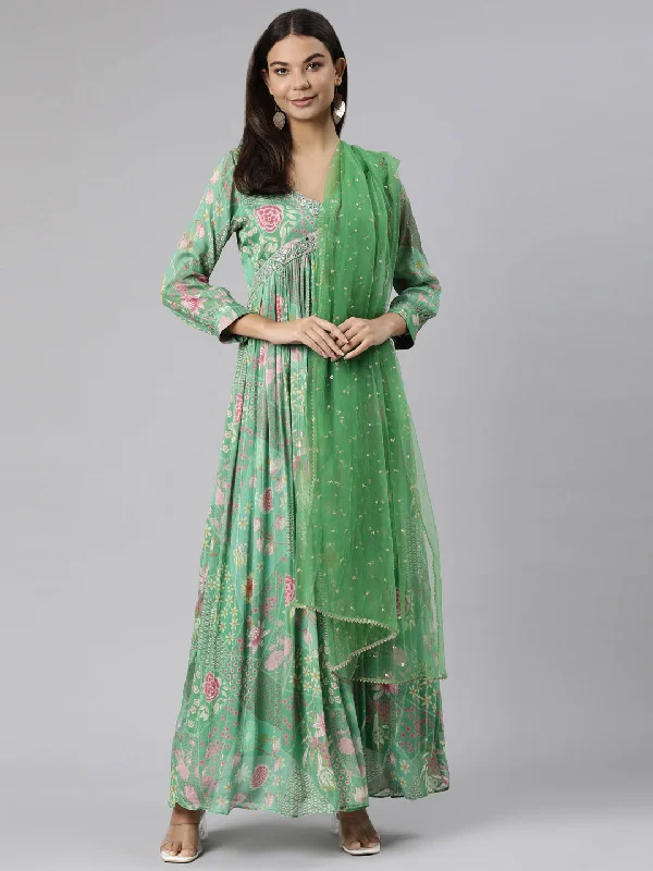 Save Big Neeru's Green Flared Casual Floral Dresses