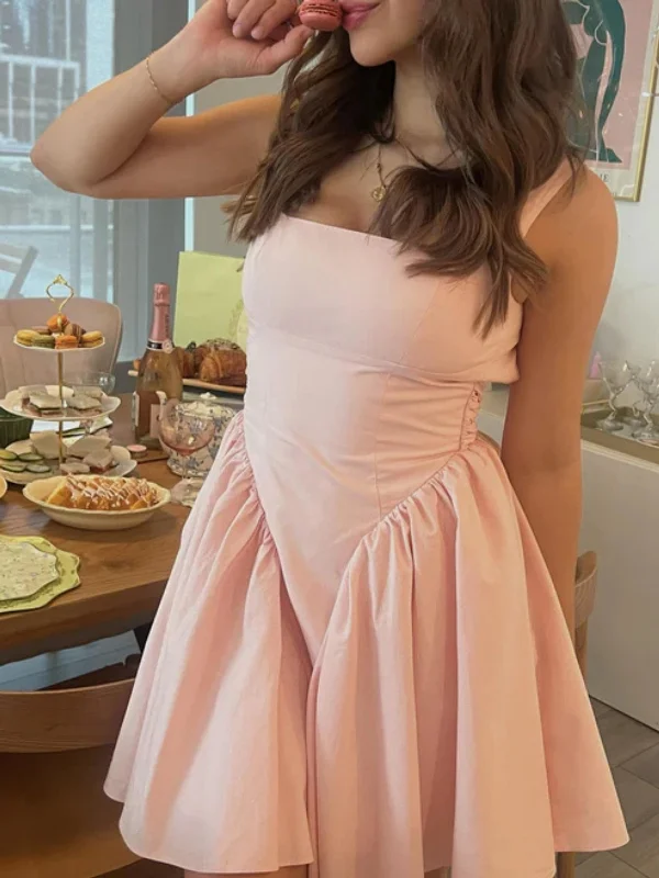 Summer Fashion Open Back Simple Pink Satin Short Prom Dresses, Open Back Pink Homecoming Dresses, Pink Formal Evening Dresses SP2968