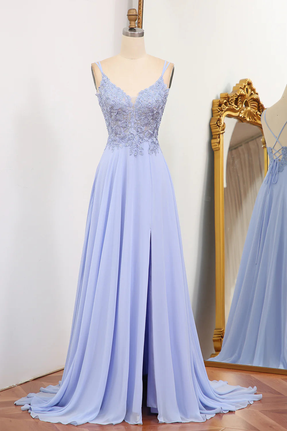 Fashion Sale Amzcw Lavender A Line Spaghetti Straps Backless Long Prom Dress With Slit prom dresses with long sleeves