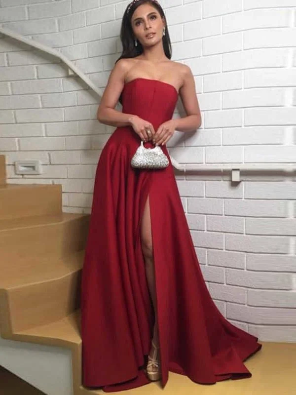 Latest Trends Elegant Dark Red Strapless Satin Long Prom Dresses with Side High Slit, Dark Red Formal Graduation Evening Dresses SP2231