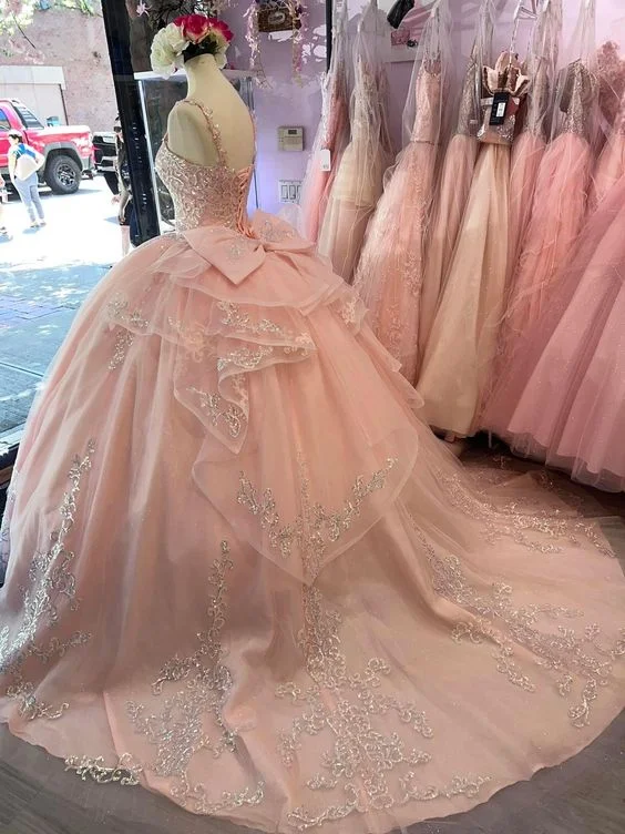 Fashion Sale Charming Pink Applique Tulle Ball Gown,Pink Sweet 16 Dress Y5881