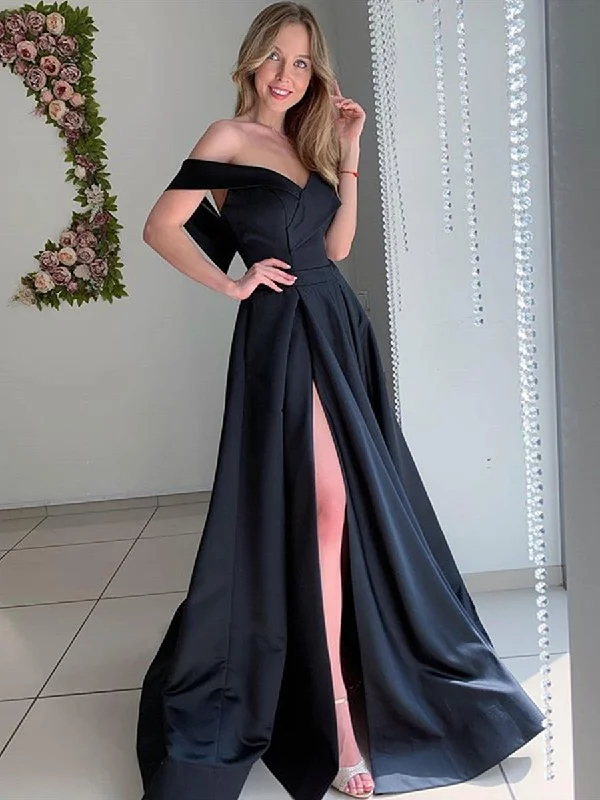 Stylish Savings Off Shoulder Black Satin Long Prom Dresses with High Slit, Black Formal Graduation Evening Dresses