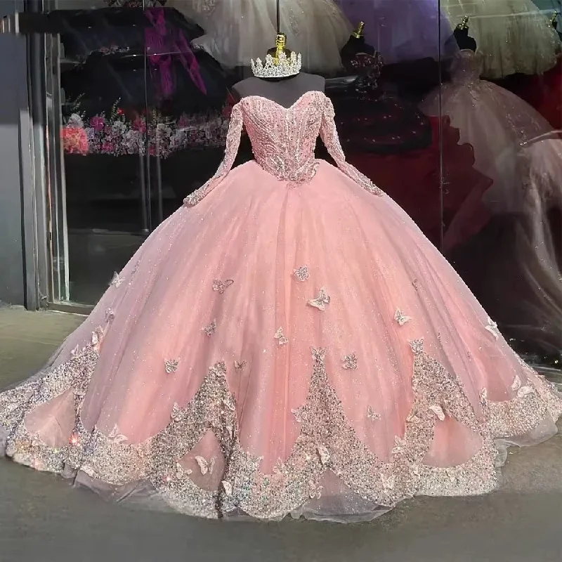 First Order Discount Glittering Pink Quinceanera Dresses Off-Shoulder Long Sleeves Butterfly Appliques Princess Birthday Party Vestidos