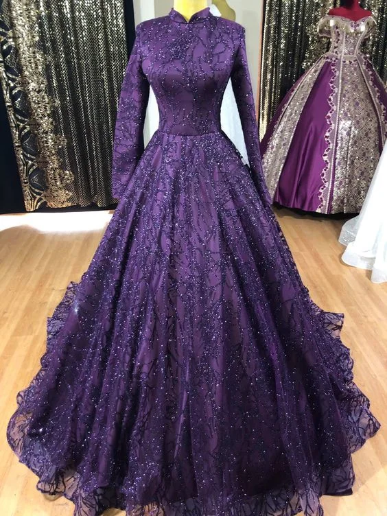 Cool Prices Purple tulle beads long Sleeve prom dress evening dress    S2005