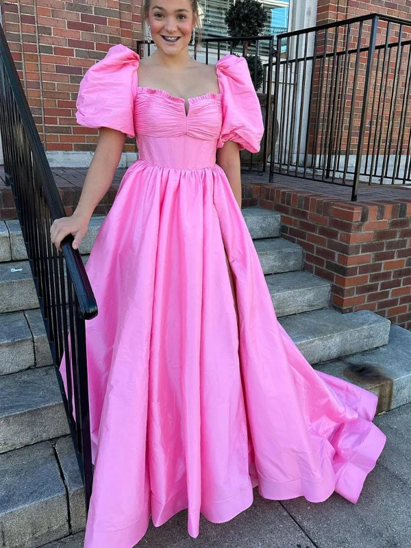 Wardrobe Essentials Open Back Puff Sleeves Pink Satin Long Prom Dresses, Long Pink Formal Graduation Evening Dresses SP2827