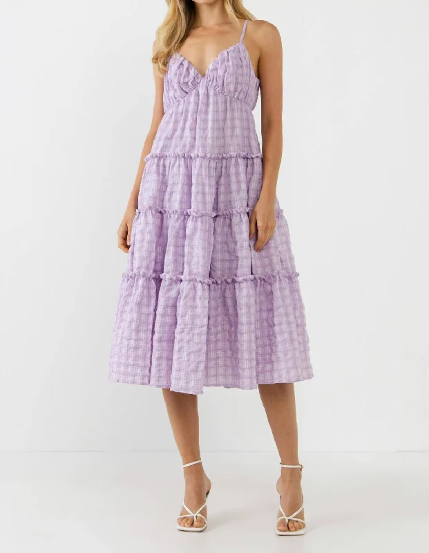 Seasonal Fashion Check Print Gauze Midi Dress In Lilac