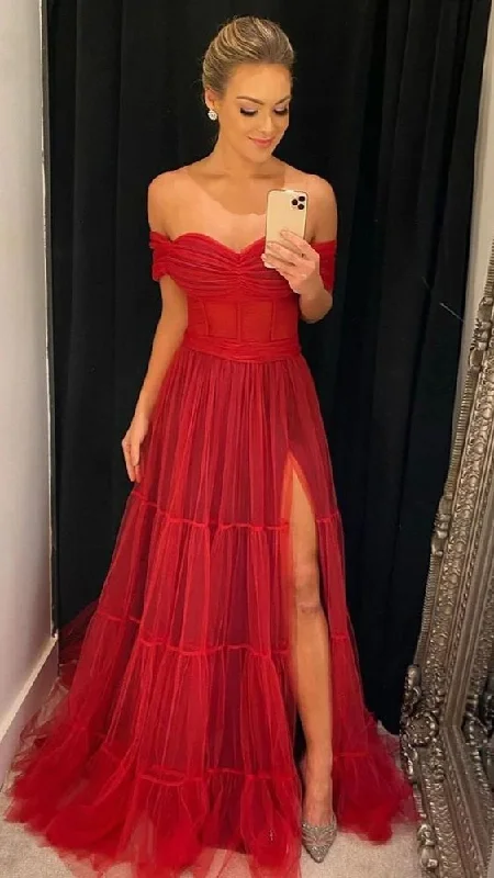 Fashion Forward Elegant Red Long Tulle Off The Shoulder Prom Dress Girl Party Dress Women Formal Gowns Y5443