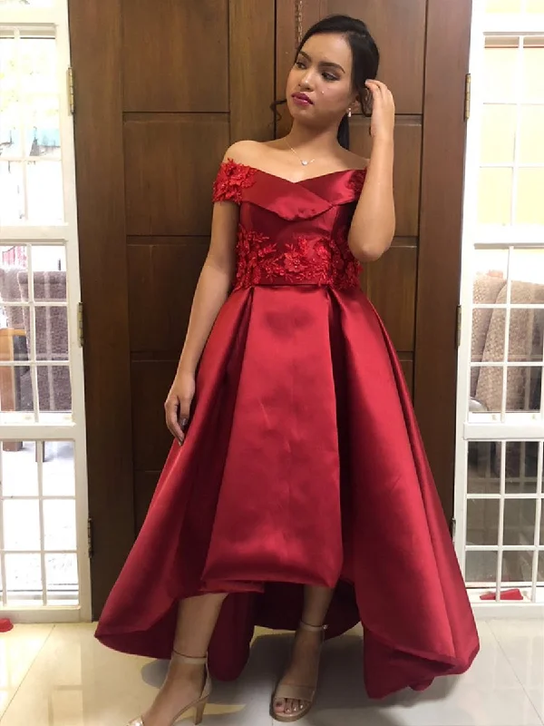 Best-Sellers Off Shoulder High Low Satin Lace Burgundy Prom Dresses with Appliques, Burgundy Lace Formal Dresses, Homecoming Dresses, Graduation Dresses