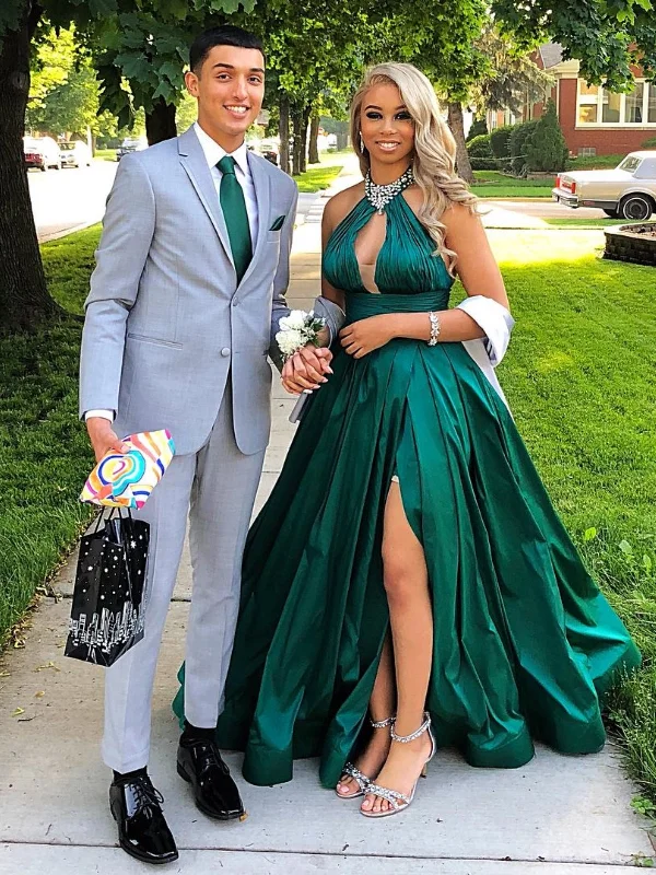 Fashion For Every Occasion Sexy High Neck Green Satin Long Prom Dresses with High Slit, Long Green Formal Graduation Evening Dresses SP3043