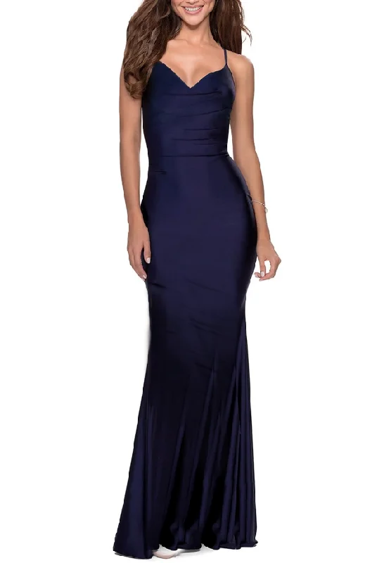 Hot Trends 10 - xscape navy strappy ruched stretch satin gown