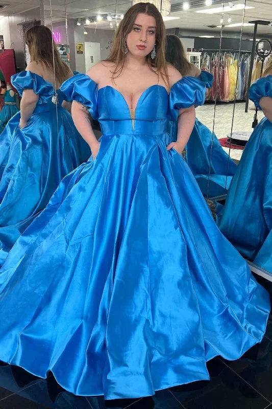 Spring Fling Sale Blue Satin Strapless A-Line Long Prom Dress with Puff Sleeves