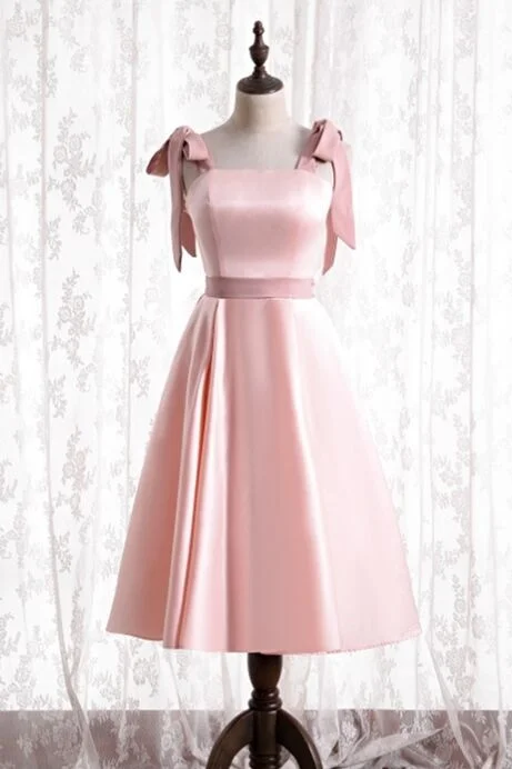 Seasonal Trends Knee Length Pink Satin Party Dress with Tie Shoulders