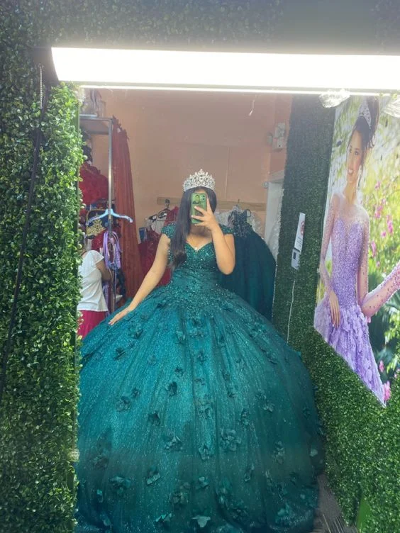 Seasonal Fashion Emerald 3D Flowers Quinceanera Dress Sweet 15 16 Party Ball Gown Y6073