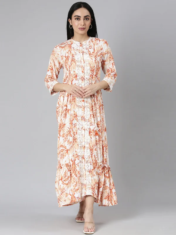 Season Sale Neerus Orange Flared Casual Floral Maxi Dresses