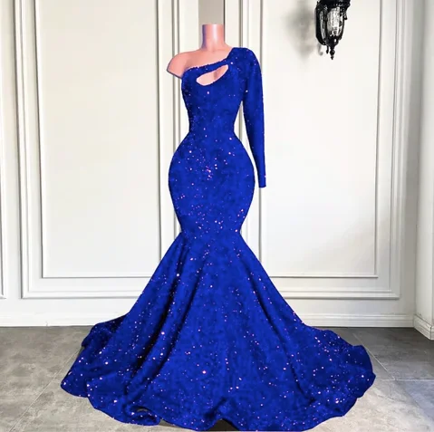 Feminine Soft - Hued Styles royal blue sparkly prom dresses long sleeve one shoulder mermaid cheap formal party dresses     S915