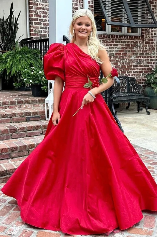 Limited Styles Red One Shoulder Puff Sleeve A-line Satin Long Prom Dress