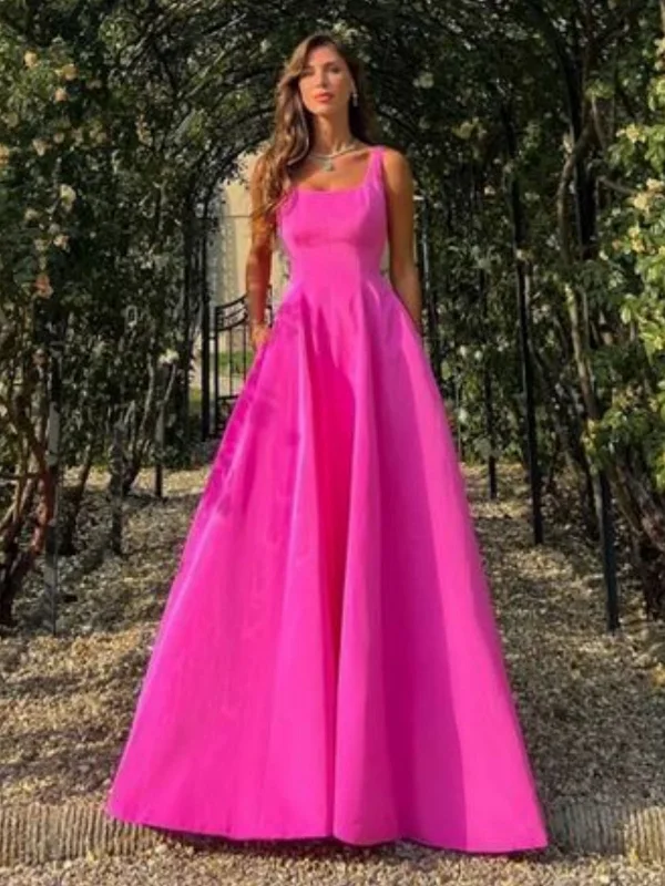 Holiday Sale A Line Hot Pink Satin Long Prom Dresses with Pocket, Long Hot Pink Formal Graduation Evening Dresses SP2897