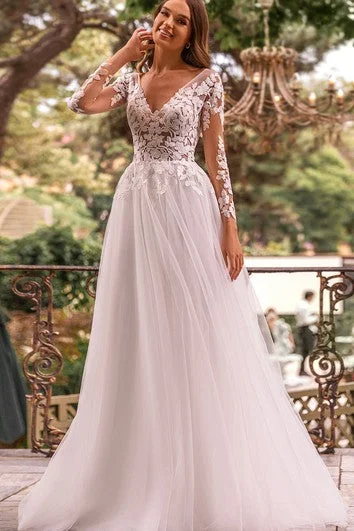 Limited - Time Bundle Elegant V-neck A Line Ball Gown Floor-length Court Train Long Sleeve Wedding Dress With Appliques