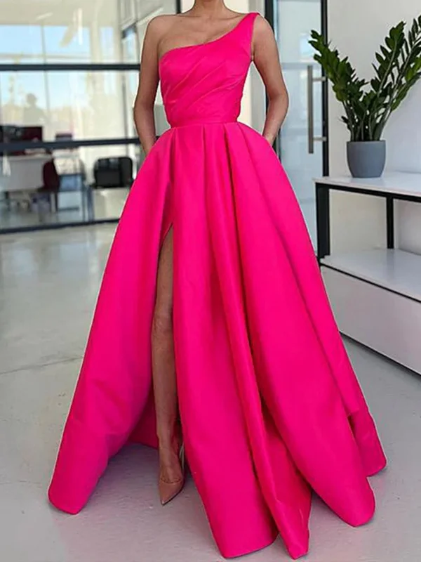 First Order Discount One Shoulder Pink Satin Long Prom Dresses with High Slit, Long Pink Formal Graduation Evening Dresses SP2528