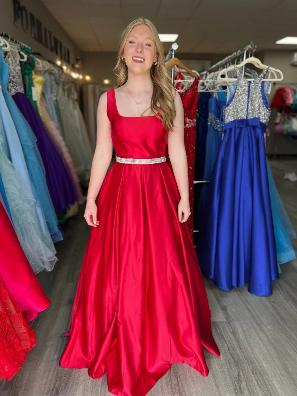 Seasonal Sale A Line Open Back Red Satin Long Prom Dresses with Belt, Long Red Formal Graduation Evening Dresses SP3073