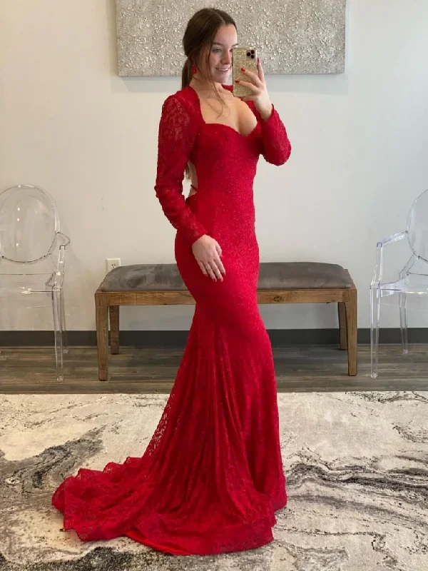 Latest Fashion Long Sleeves Mermaid Red Lace Prom Dresses, Long Beaded Red Lace Formal Dresses, Red Evening Dresses         S1379