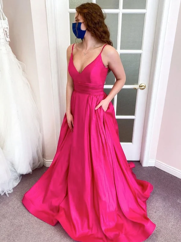 Holiday Sale A Line V Neck Hot Pink Satin Long Prom Dresses with Pocket, V Neck Hot Pink Formal Evening Dresses