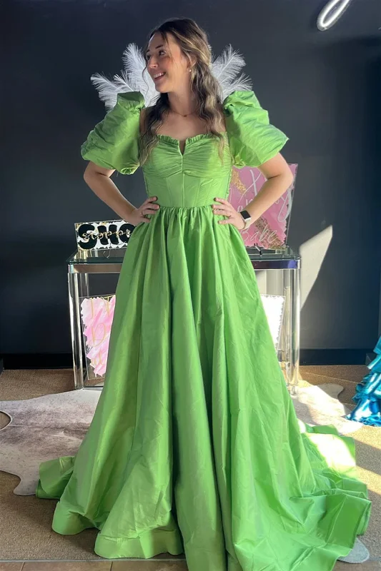 Fashion-Forward Green Ruffled Puff Sleeves Satin Long Prom Dress