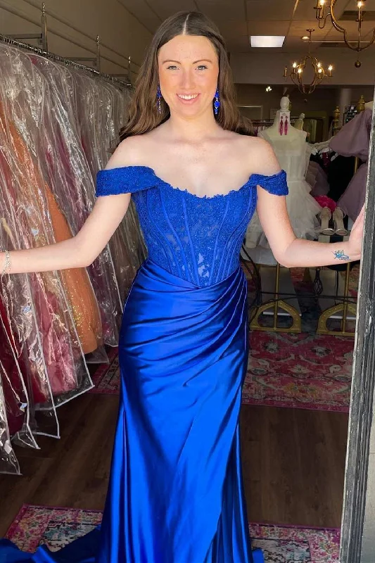 Clearance Event Royal Blue Lace Satin Off-the-Shoulder Mermaid Long Formal Dress