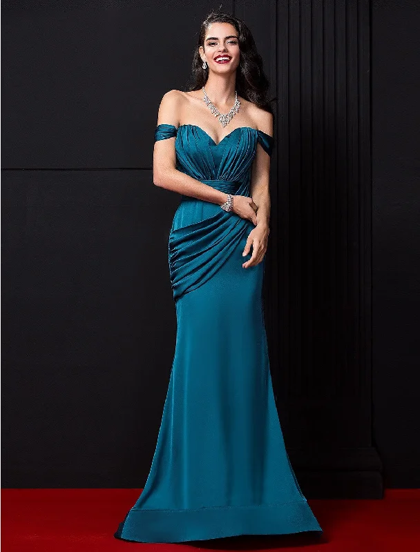 Chic Outfits Sexy Dress Engagement Sleeveless Off Shoulder Satin Chiffon with Ruched Draping