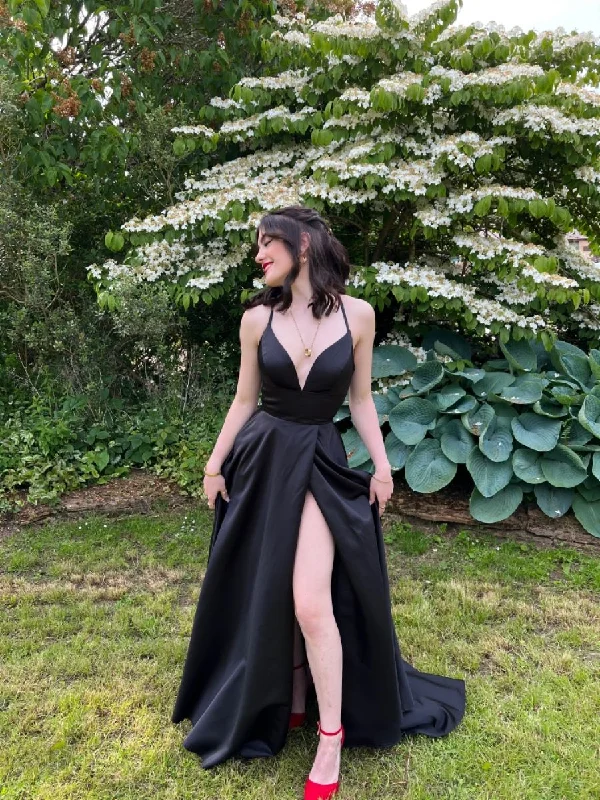 Special Offer Sexy Black V Neck A-line Prom Dress,Black Senior Prom Gown Y6118