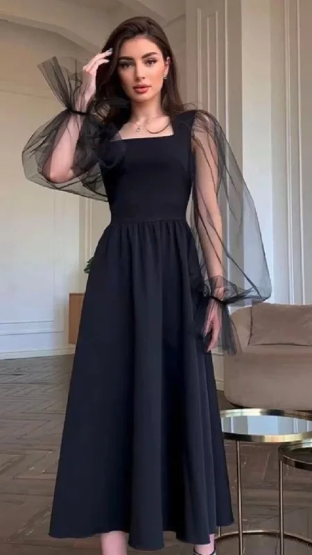 Limited Quantities Elegant A-Line Long Sleeves Evening Dress Black Simple Square Collar Party Gowns For Women Y4557