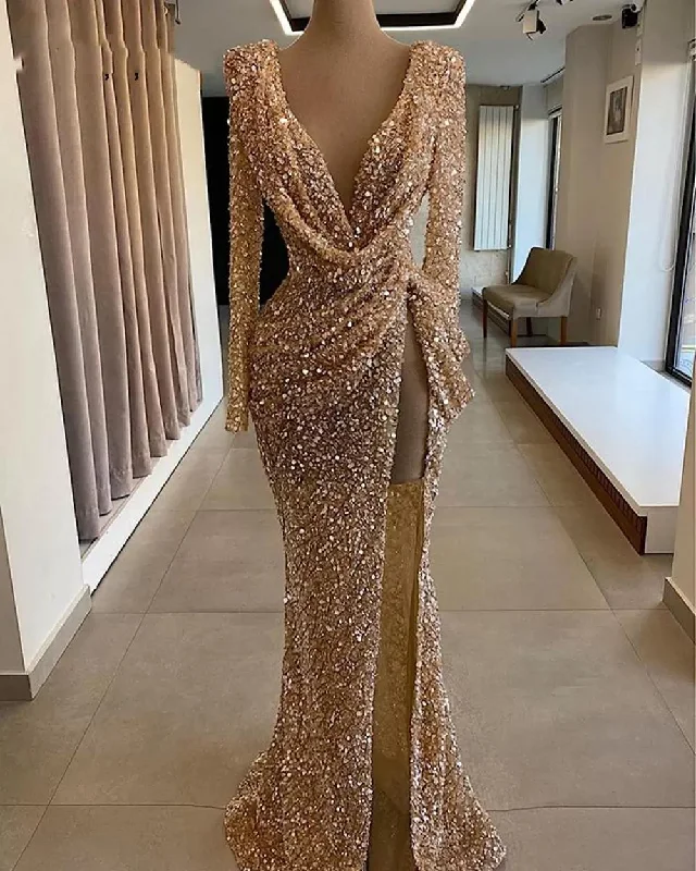 Early Access To Art Deco Styles Sale sparkly prom dresses, deep v neck prom dresses, long sleeve prom dresses, arabic prom dresses, side slit prom dresses, fashion evening gowns Y1389