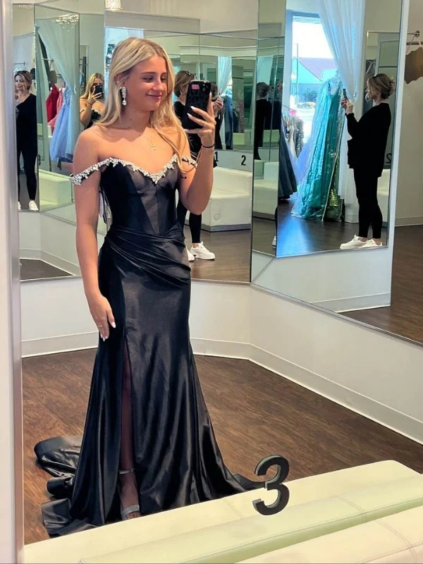 Spring Wardrobe Off Shoulder Mermaid Beaded Black Satin Long Prom Dresses with Side Slit, Off the Shoulder Black Formal Graduation Evening Dresses SP3068