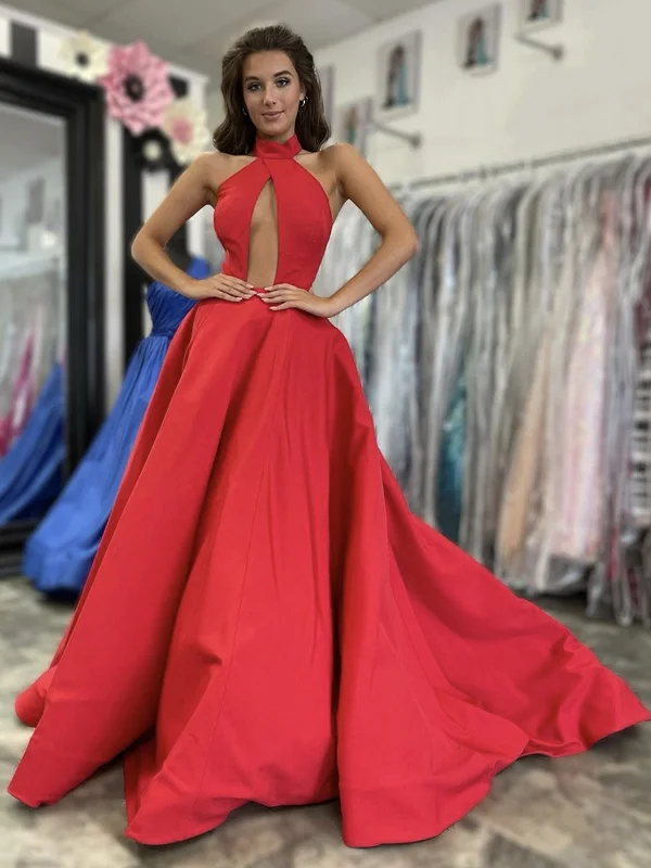 Season Sale Unique V Neck Red Satin Long Prom Dresses, Long Red Formal Graduation Evening Dresses SP2211