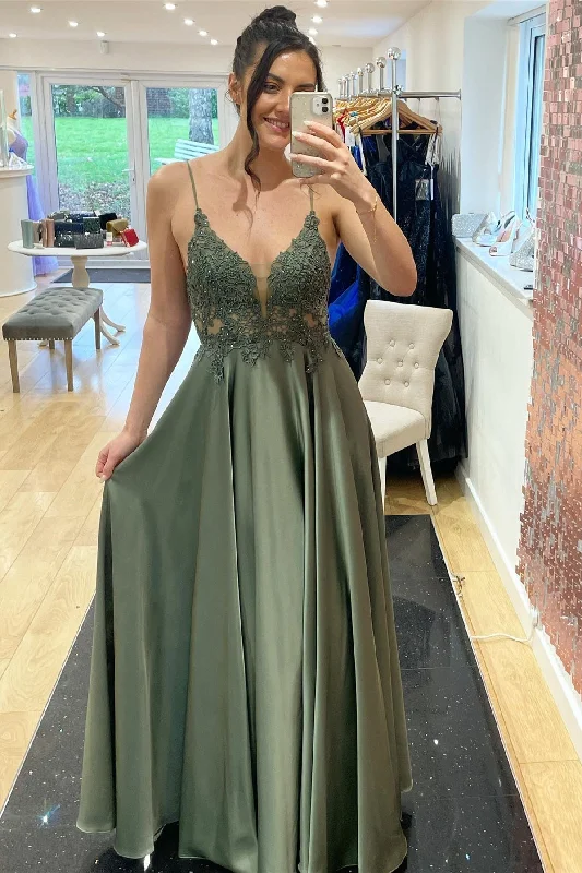 Holiday Sale Eucalyptus Satin V Neckline Applique Long Prom Dress