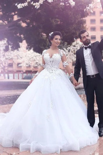 End Of Season Sale V-neck Ball Gown Floor-length Court Train Long Sleeve Tulle Wedding Dress with Zipper Illusion Back