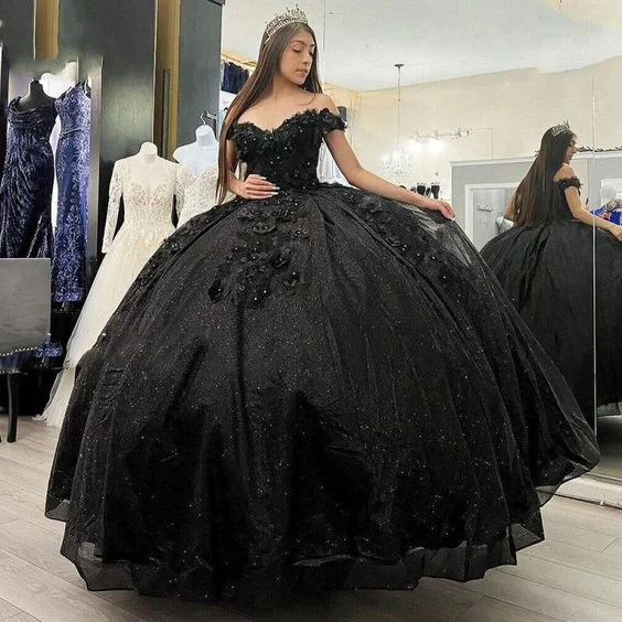 Trend Alert Princess Glitter Black Beaded Quinceanera Dresses Sweet 15 16 Party Ball Gowns Y5745