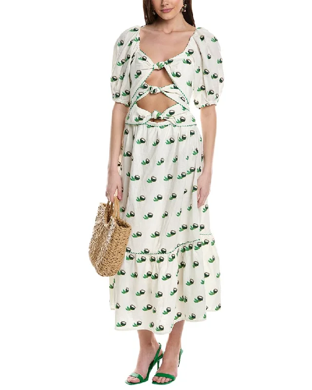 Feminine Soft - Hued Styles FARM Rio Cross Stitch Coconut Embroidered Linen-Blend Midi Dress