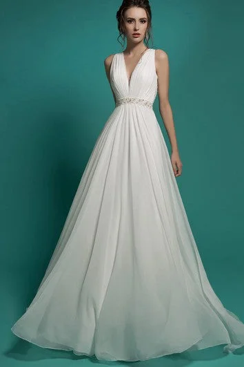 Wardrobe Update A-Line Floor-Length V-Neck Sleeveless Empire Illusion Chiffon Dress With Beading And Ruching