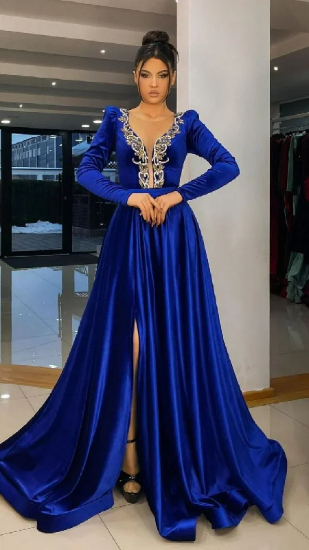 Cool Prices Royal Blue Long Sleeve Evening Dresses A Line Caftan Saudi Arabia Prom Gowns Side Split Occasion Dresses Y4938