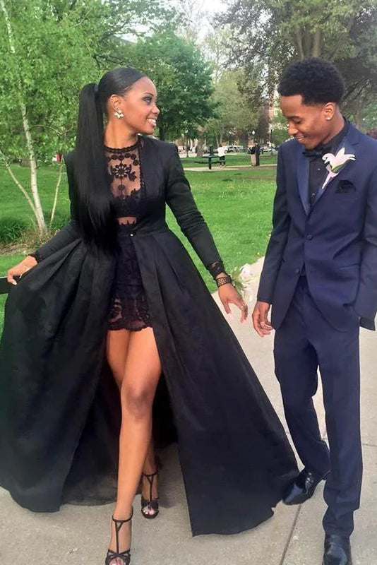 Latest Fashion New Style Vintage Long Sleeve Sexy Black A-Line Lace High Neck Prom Dresses