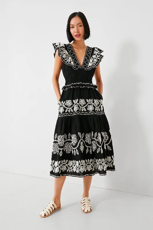 Women's Activewear for Exercise and Sports Black Beck Embroidery Flutter Sleeve V-Neck Dress
