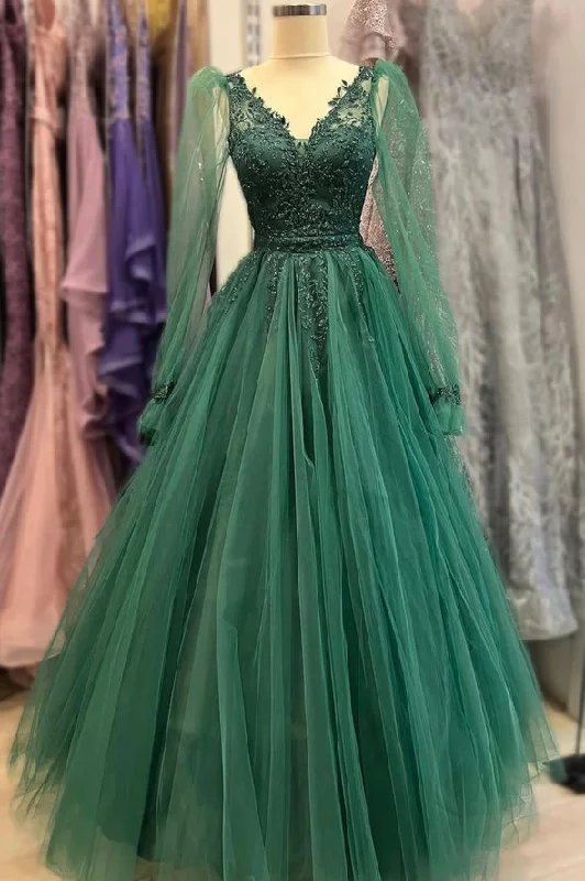 Fashion-Forward Outfits Green tulle beads V Neck long Sleeve prom dress green evening dress    S2004