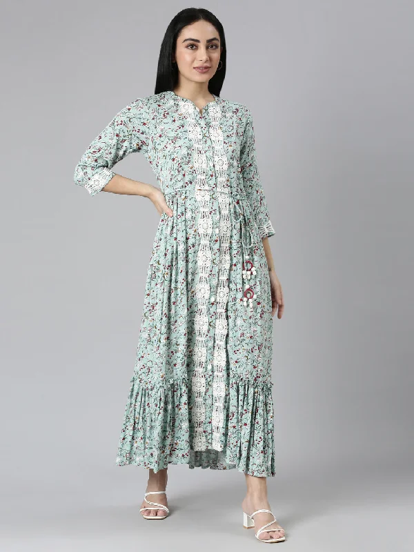 Latest Fashion Neerus Green Flared Casual Floral Maxi Dresses