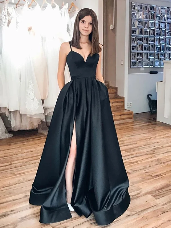 Winter Warm - Up Sale Simple A Line Satin Black Long Prom Dresses with High Slit, Long Black Formal Dresses, Black Evening Dresses