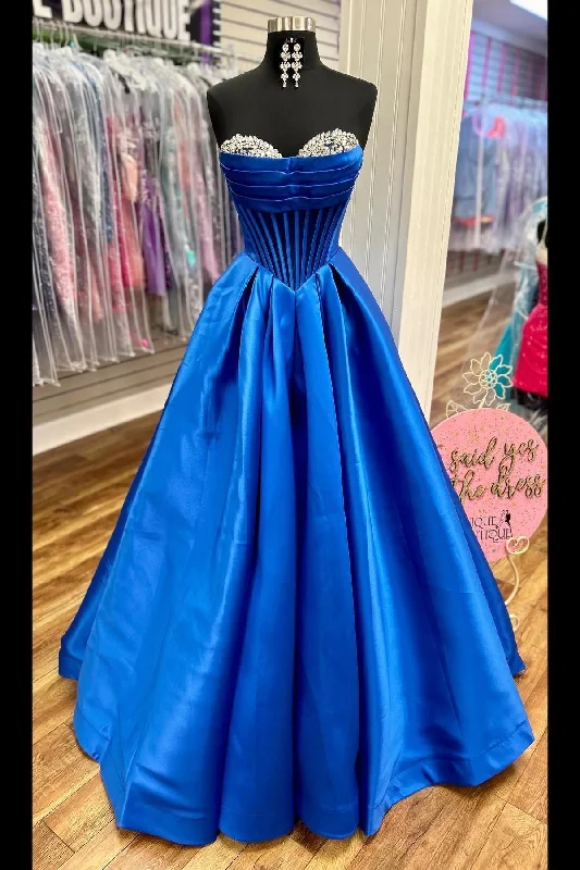 Fashion Deal Beaded Sweetheart Royal Blue Satin Formal Gown