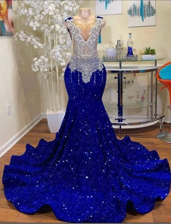 Cool Prices Royal blue prom dresses, crystal prom dresses, beaded prom dresses, mermaid evening dresses, sequins party dresses, mermaid evening gowns Y1595