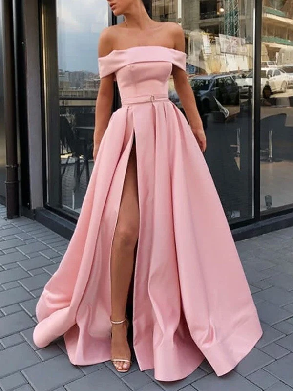 Clearance Event Pink Off Shoulder Satin Long Prom Dresses With High Slit, Pink Formal Dresses, Evening Dresses