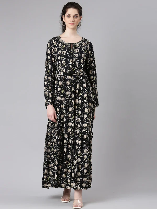 Wardrobe Refresh Neerus Black Floral Printed Maxi Dresses